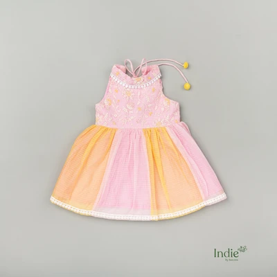 Yellow And Pink Kota Doria Embroidered Frock