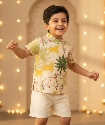 Off White Pichwai Side Placket Shirt And Shorts