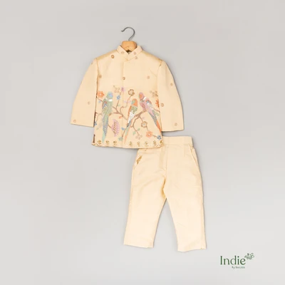 Floral Parrot Embroidered Light Golden Kurta With Pant