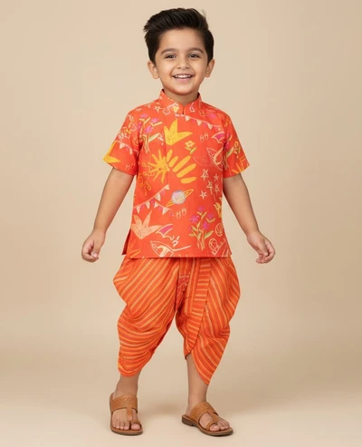 Red Carnival Printed Kurta And Dhoti