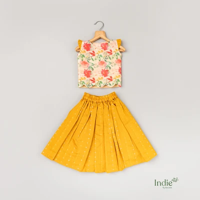 Off White And Mustard Raw Silk Scalloped Top And Skirt