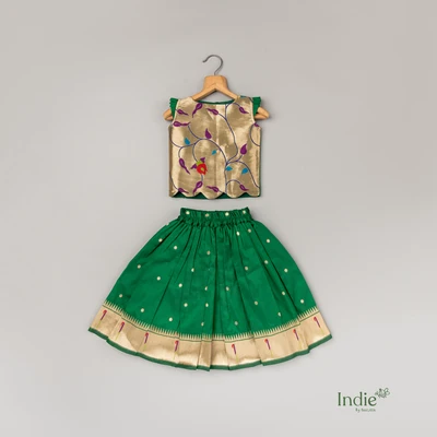 Green Paithani Scalloped Top And Skirt