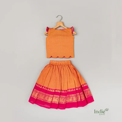 Orange Kanchi Cotton Scalloped Top And Skirt