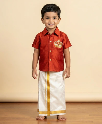 Golden Crown with Gems Embroidered Cadmium Red Shirt