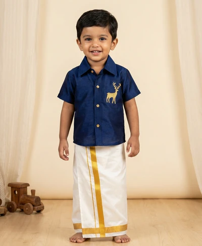 Golden Deer Embroidered Navy Blue Shirt
