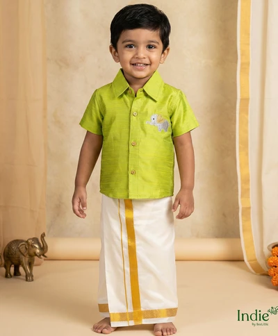 Silver Elephant with Golden Heart Embroidered Green Volt Shirt