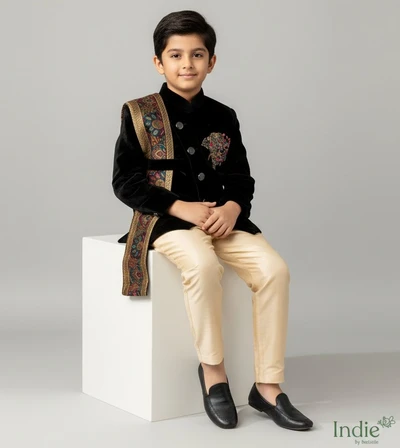 Colourful Floral Elephant Embroidered With Black Kurta And Beigh Pant With Floral Printed Dupatta