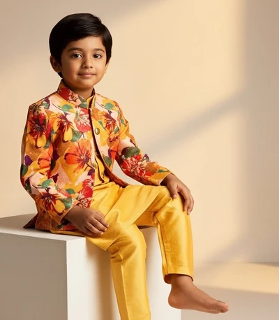 Golden Floral Printed Jacket With Scandal Kurta With Pant