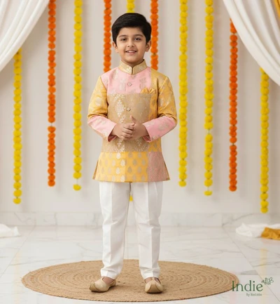 Golden Zari Printed With Gold And Pink Patched Kurta And White Pant