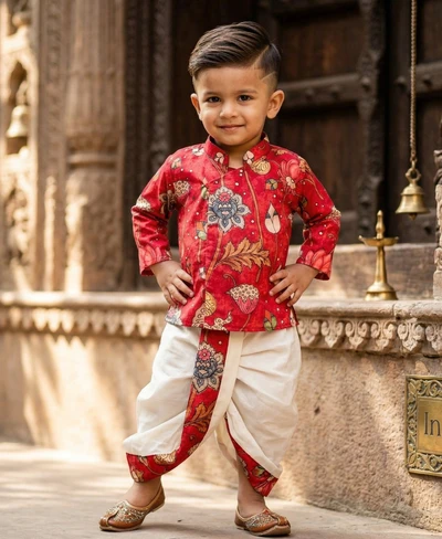 Floral Printed Red Kurta With Dhoti