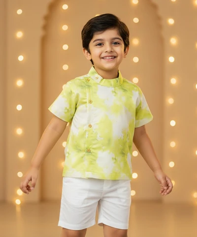 Green Tie And Dye Side Placket Shirt With White Shorts