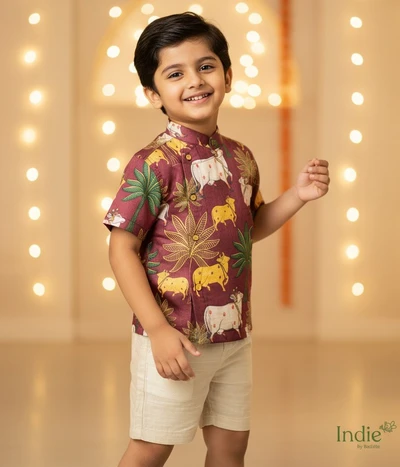 Brown Pichwai Side Placket Shirt With Sandal Shorts