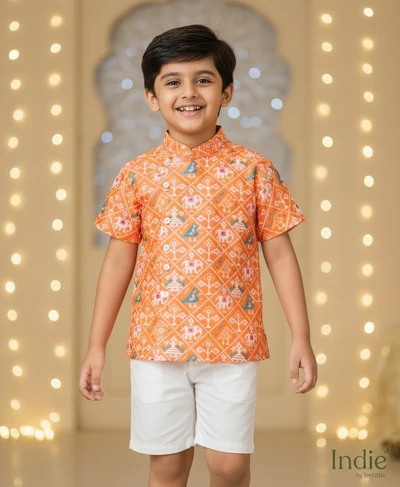 Orange Patola Side Placket Shirt With White Shorts