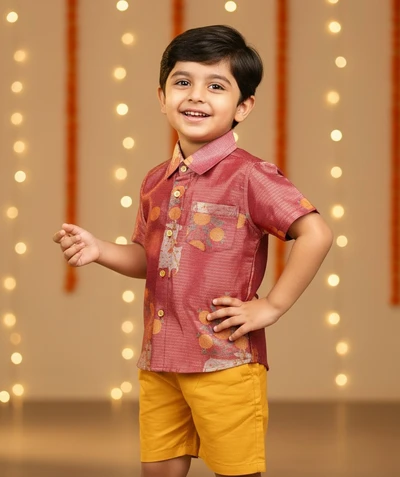 Burgandy Kota Zari Tissue Shirt With Mustard Raw Silk Shorts