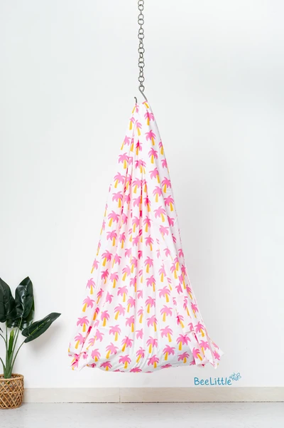 Pink Palm - Beelittle Premium Cotton Baby Thottil Cradle | Soft, Breathable & Portable