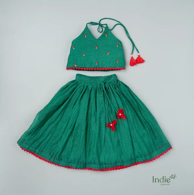 Red Motif Green Halter Top And Green Gathered Lehenga