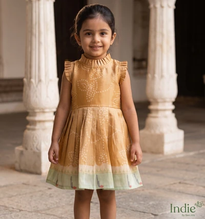 Green Bordered Bandhani Print Mustard Kota Doria Dress With Tie-Back