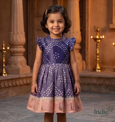 Peach Bordered Bandhani Print Purple Kota Doria Dress With Tie-Back
