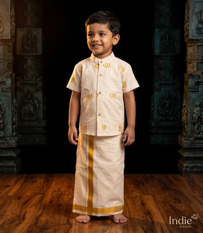 Golden Script Embroidered Off-White Shirt With Dhoti
