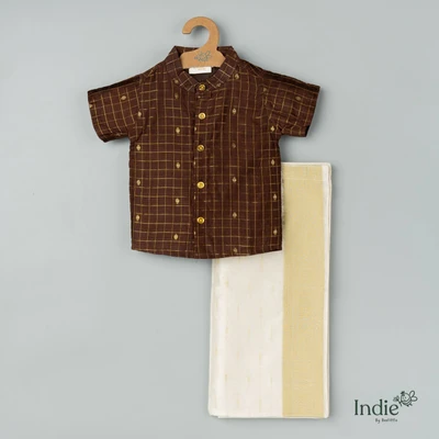 Golden Thread Checked Cocoa Shirt With Off-White Dhoti