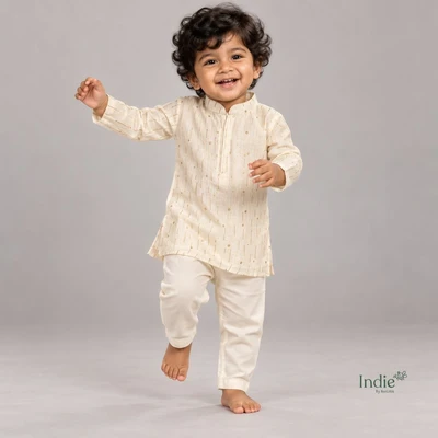 Cream Metallic Stripe Kurta With Pant