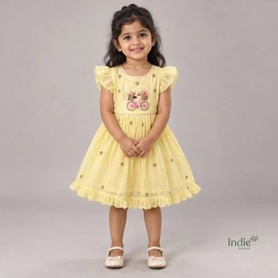 Sunlit Bicycle Embroidered Frill Sleeve Tie-Up Frock