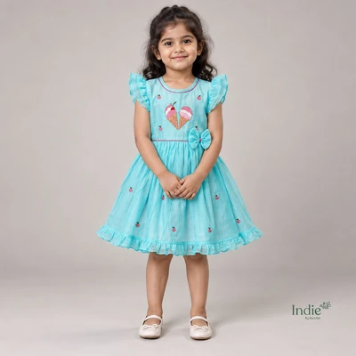 Sky Blue Ice Cream Cone Embroidered Frill Sleeve Tie-Up Frock