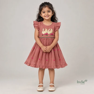 Earthen Elegant Swan Embroidered Frill Sleeve Tie-Up Frock