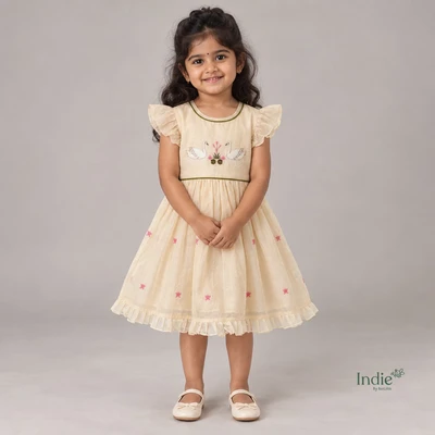 Cream Swan Embroidered Frill Sleeve Tie-Up Frock