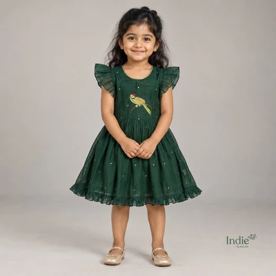 Golden Perched Parrot Embroidered Frill Sleeve Tie-Up Frock