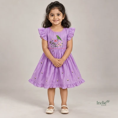 Lilac Blossom Bird Embroidered Frill Sleeve Tie-Up Frock