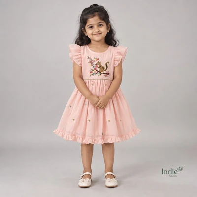 Apricot Squirrel Blossom Embroidered Frill Sleeve Tie-Up Frock