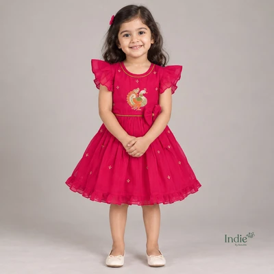 Magenta Peacock Embroidered Frill Sleeve Tie-Up Frock