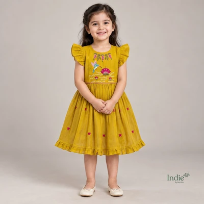 Mustard Hummingbird Embroidered Frill Sleeve Tie-Up Frock