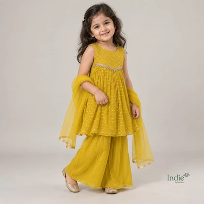 Golden Yellow Peplum Top And Pant With Dupatta