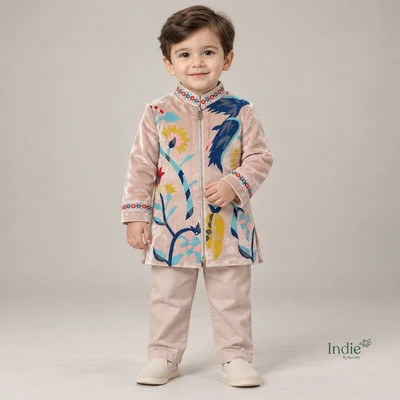 Cream Nature-Inspired Front-Zip Kurta With Pant