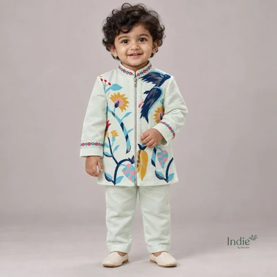 Light Green Floral Embroidered Front-Zip Kurta With Pant