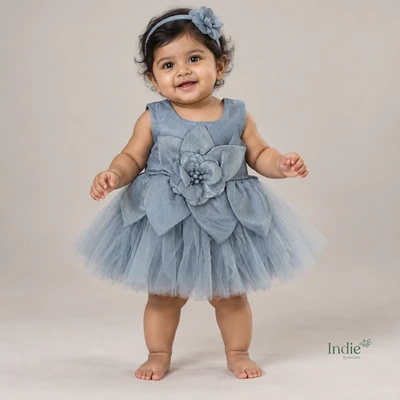 Elegant Blue Floral Party Wear Frock With Headband