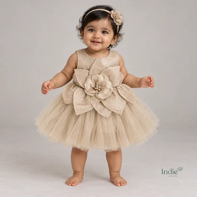 Golden Blossom Party Wear Frock With Headband