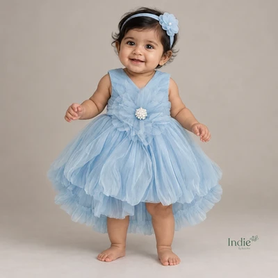 Frosty Blue Ruffle Bloom Party Wear With Headband