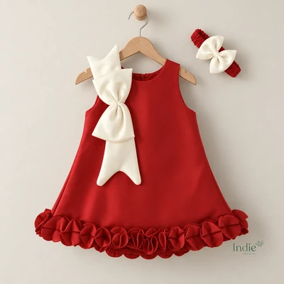 Crimson Bow Accent Party Wear Frock With Headband