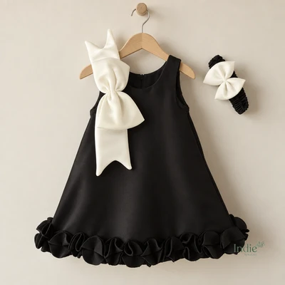 Classic Monochrome Bow Party Wear Frock With Headband