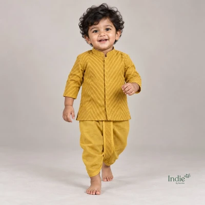 Mustard Chevron Striped Kurta And Dhoti