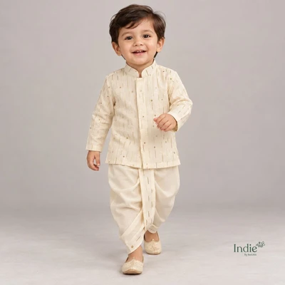 Cream Golden Dash Kurta And Dhoti