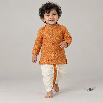 Festive Marigold Check Kurta And Dhoti