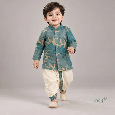 Teal Festive Floral Kurta And Dhoti