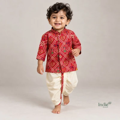 Royal Bandhani Printed Crimson Red Short Kurta With Dhoti