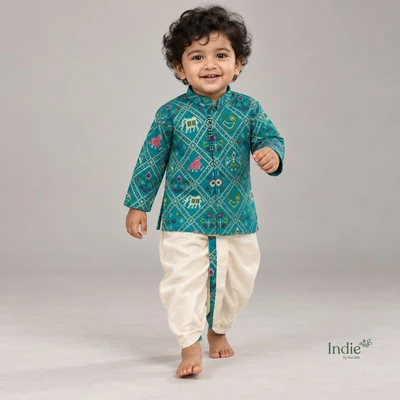 Peacock Bandhani Printed Teal Short Kurta With Dhoti