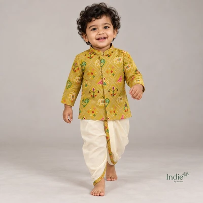 Peacock Bandhani Printed Mustard Short Kurta With Dhoti