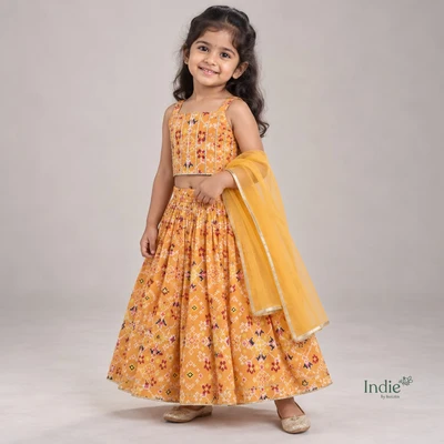 Golden Ochre Traditional Ethnic Crop Top And Skirt With Dupatta